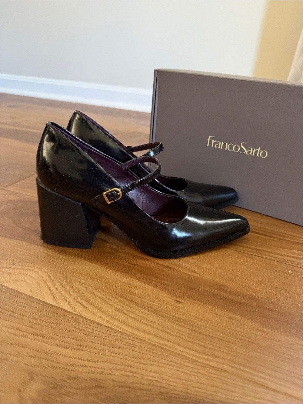 Franco Sarto Black Patent Mary Jane Block Heels